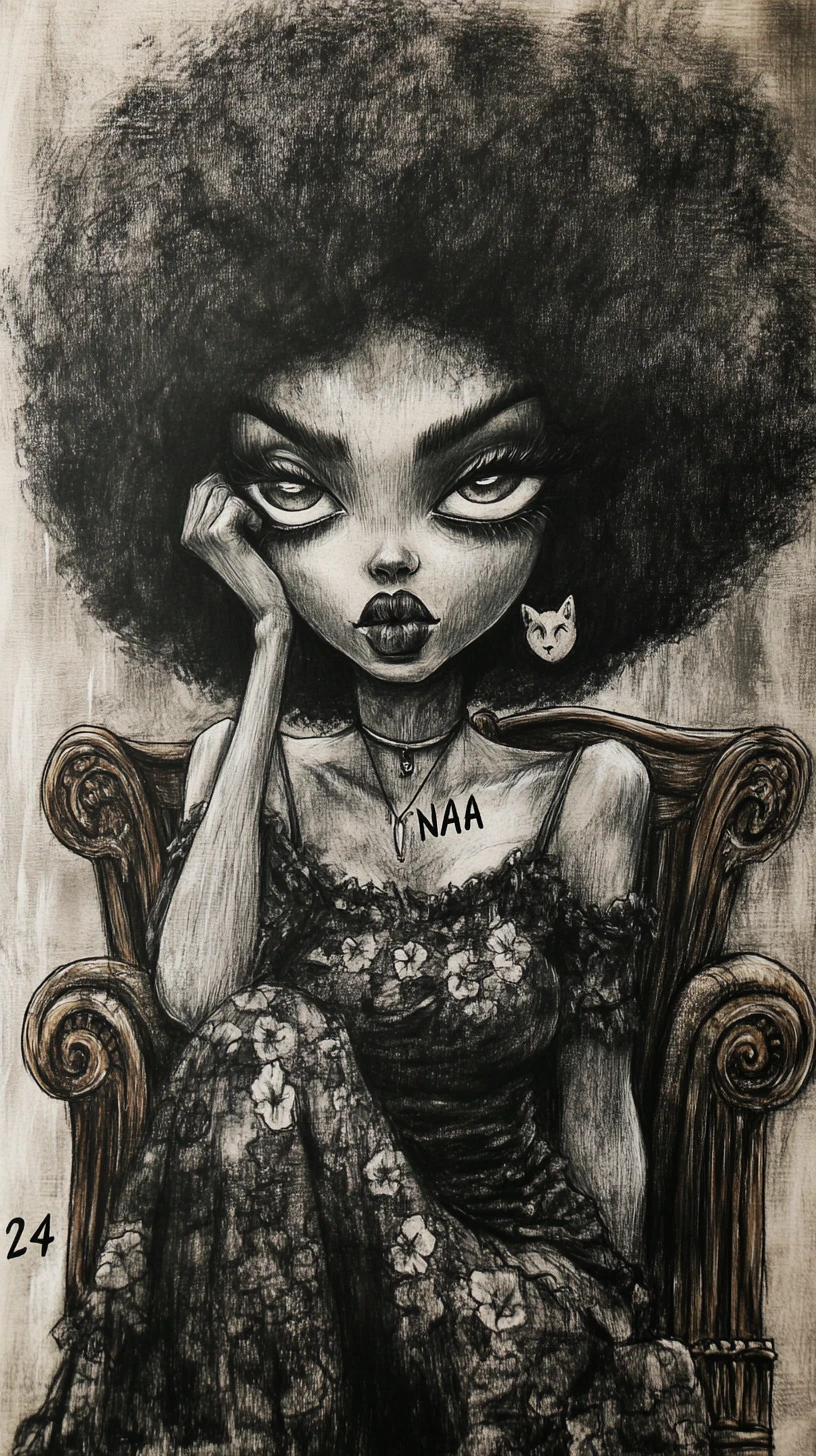 Charcoal caricature portrait of a woman in a wooden chair