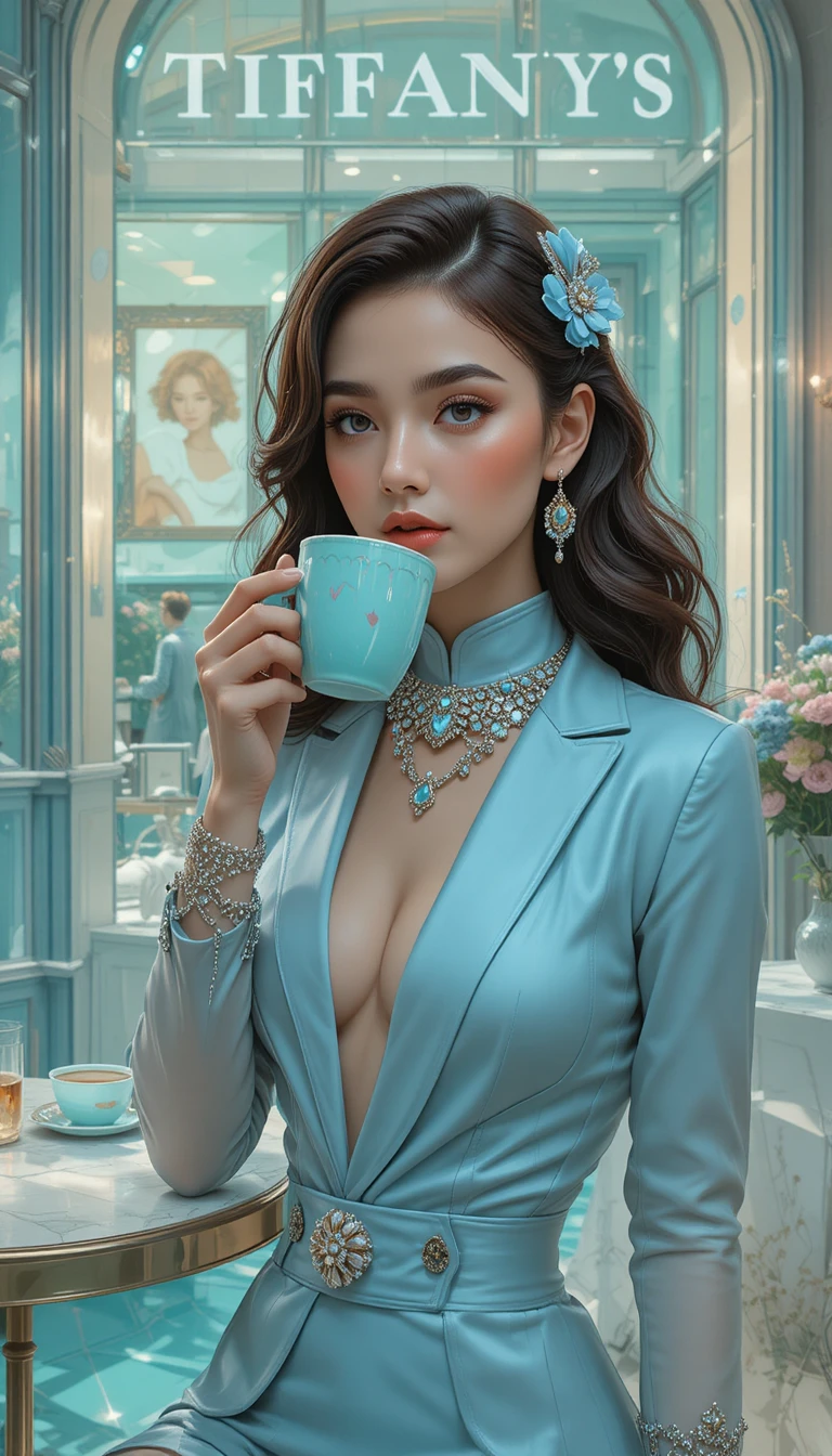 Elegant woman in pastel blue outfit sipping coffee