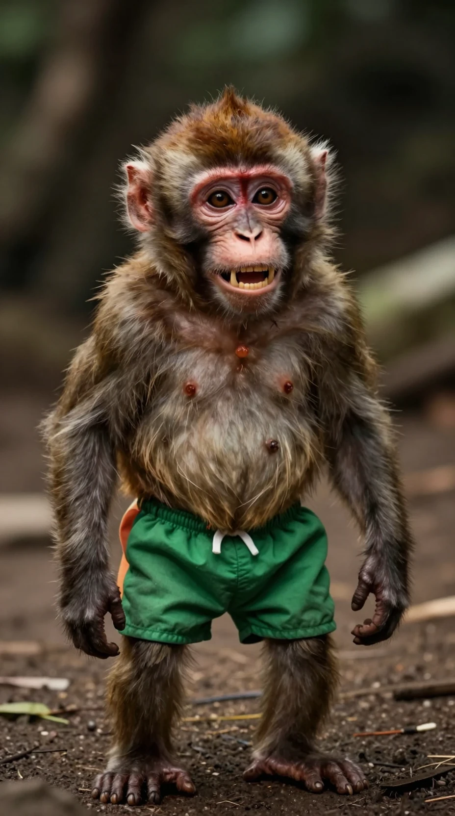Skinny baby monkey with swollen belly and green shorts