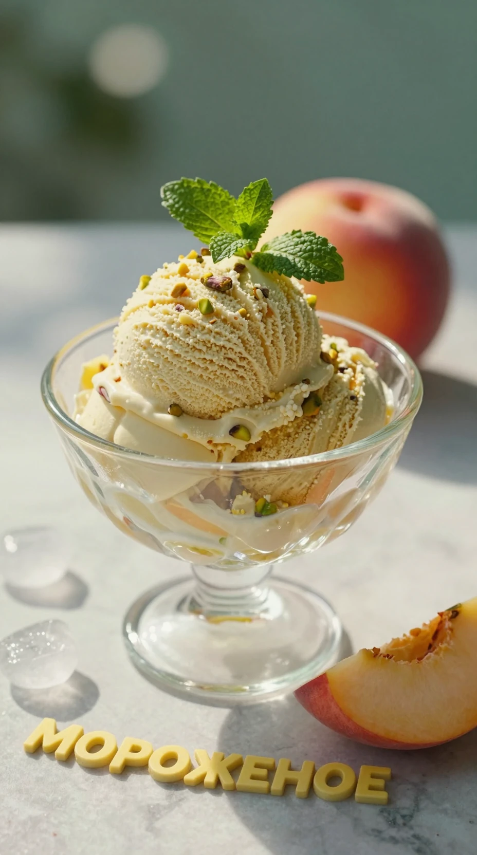 Pistachio ice cream with peach in glass bowl on marble tabletop