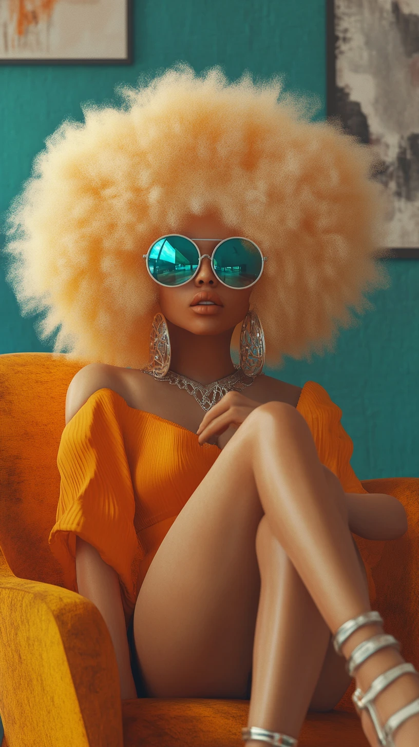 Stylized blonde woman in chair with bold colorful wall