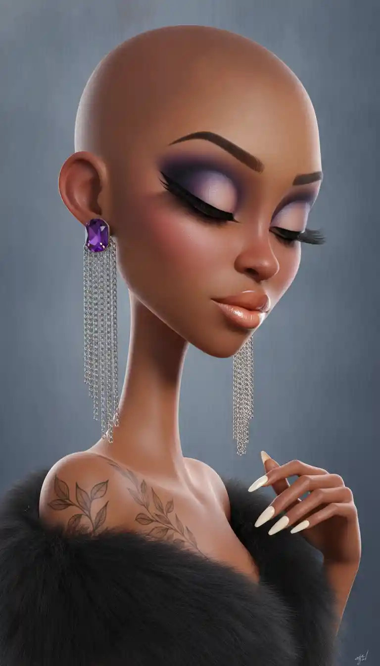 Glamorous bald woman in stylized 3D portrait profile