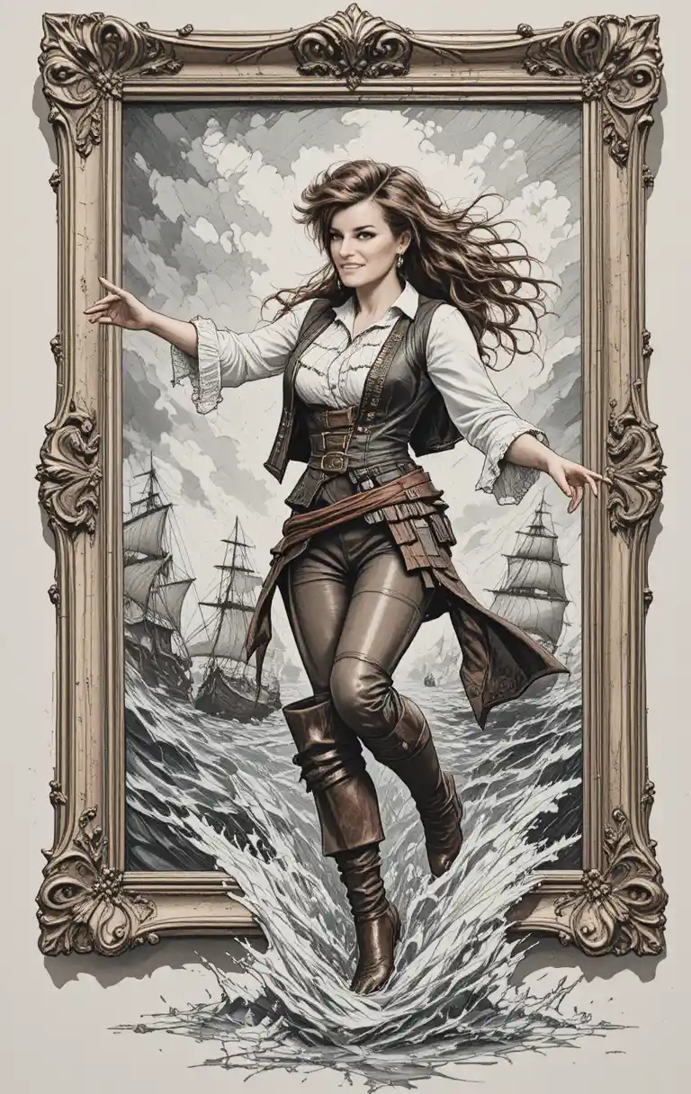 Heroic female pirate leaping from a stormy sea painting