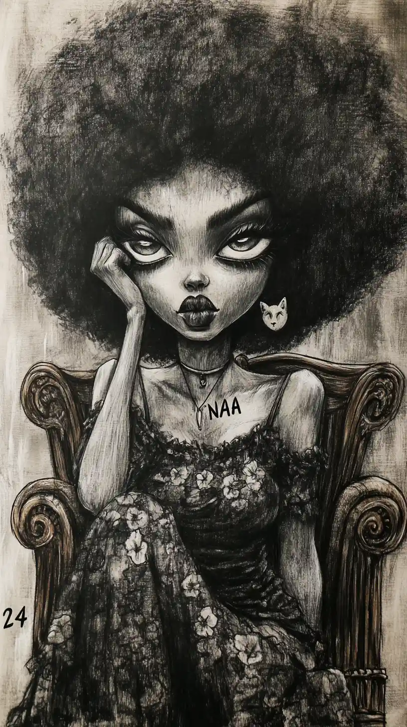 Charcoal caricature portrait of a woman in a wooden chair