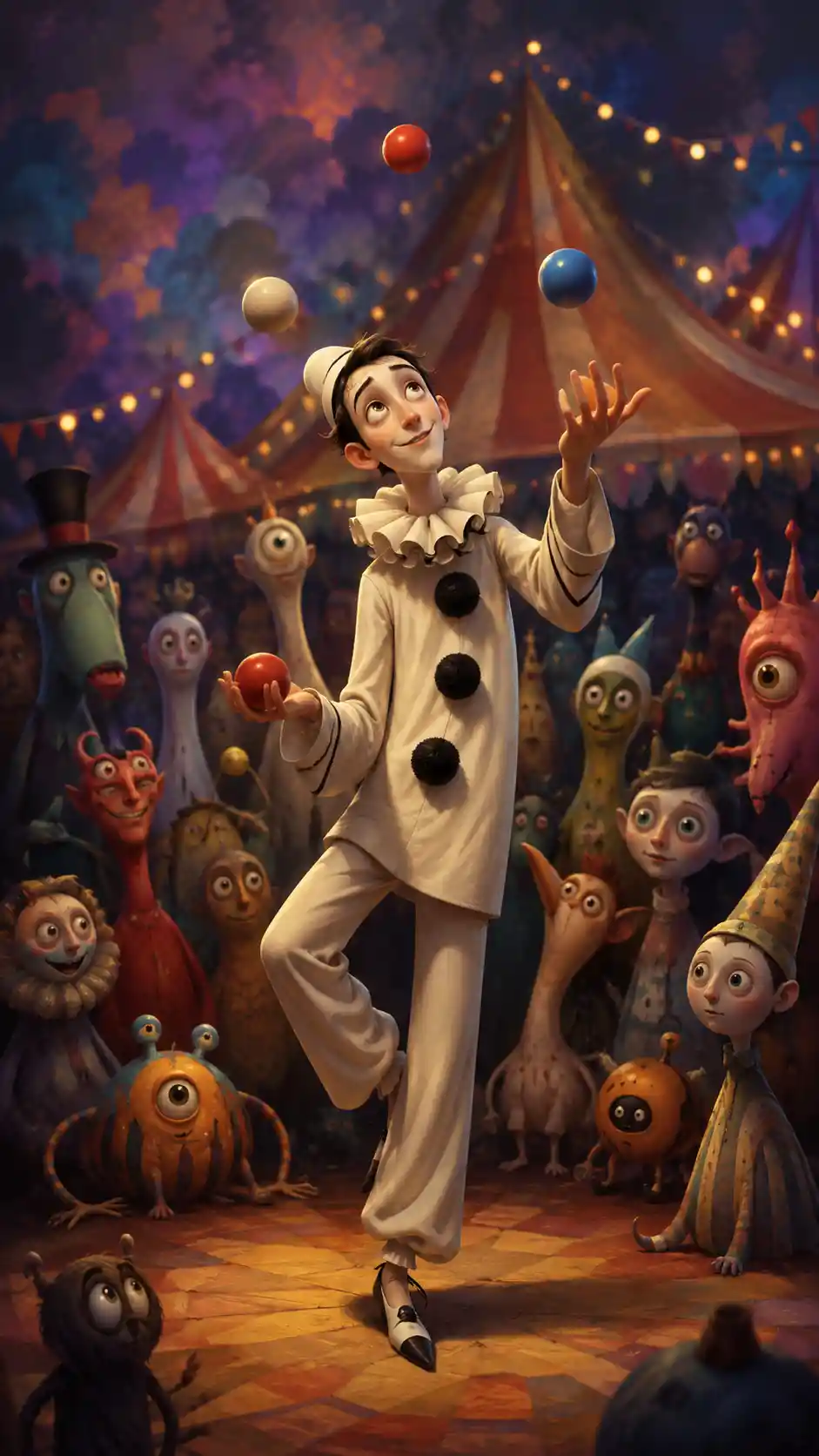 Surreal pierrot juggler performing for fantastical colorful audience