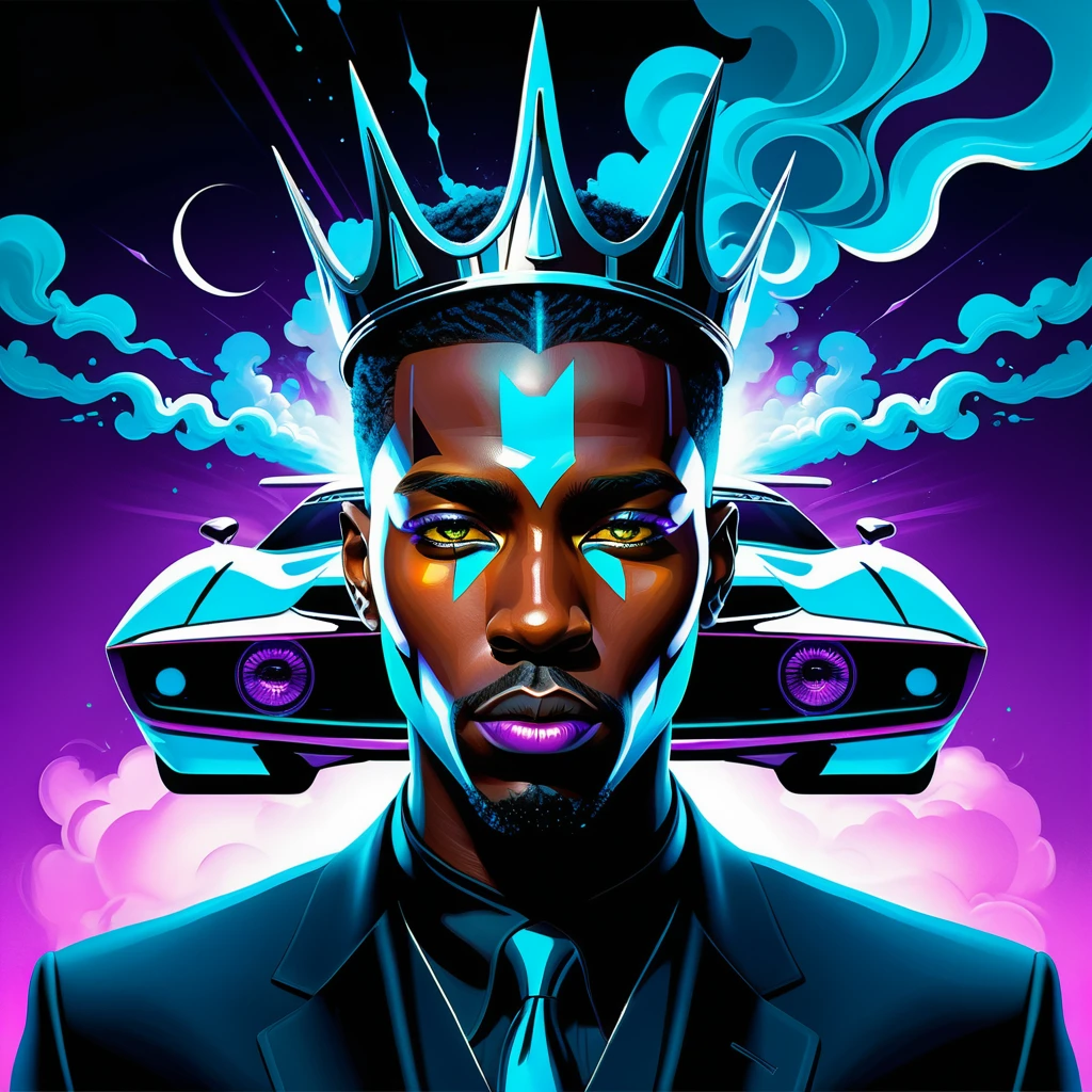 Surreal chrome man with racing car crown in neon dreamscape