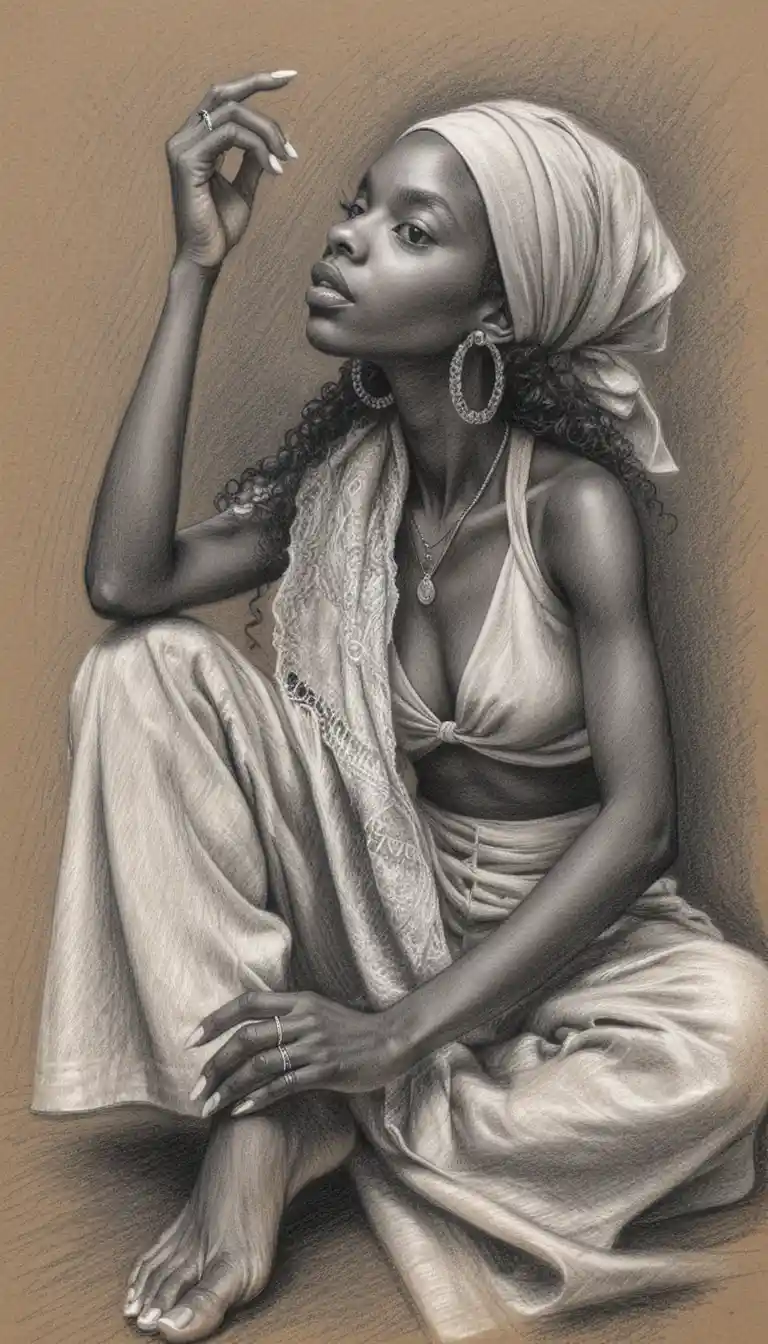 Contemplative woman in charcoal full body portrait drawing