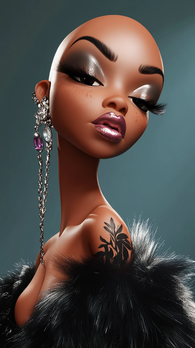 Glamorous bald woman in stylized 3D portrait profile