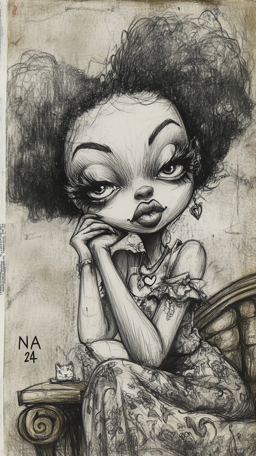 Charcoal caricature portrait of a woman with giant afro hair