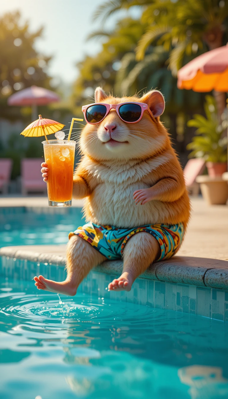 Happy hamster relaxing by a sunny lido pool