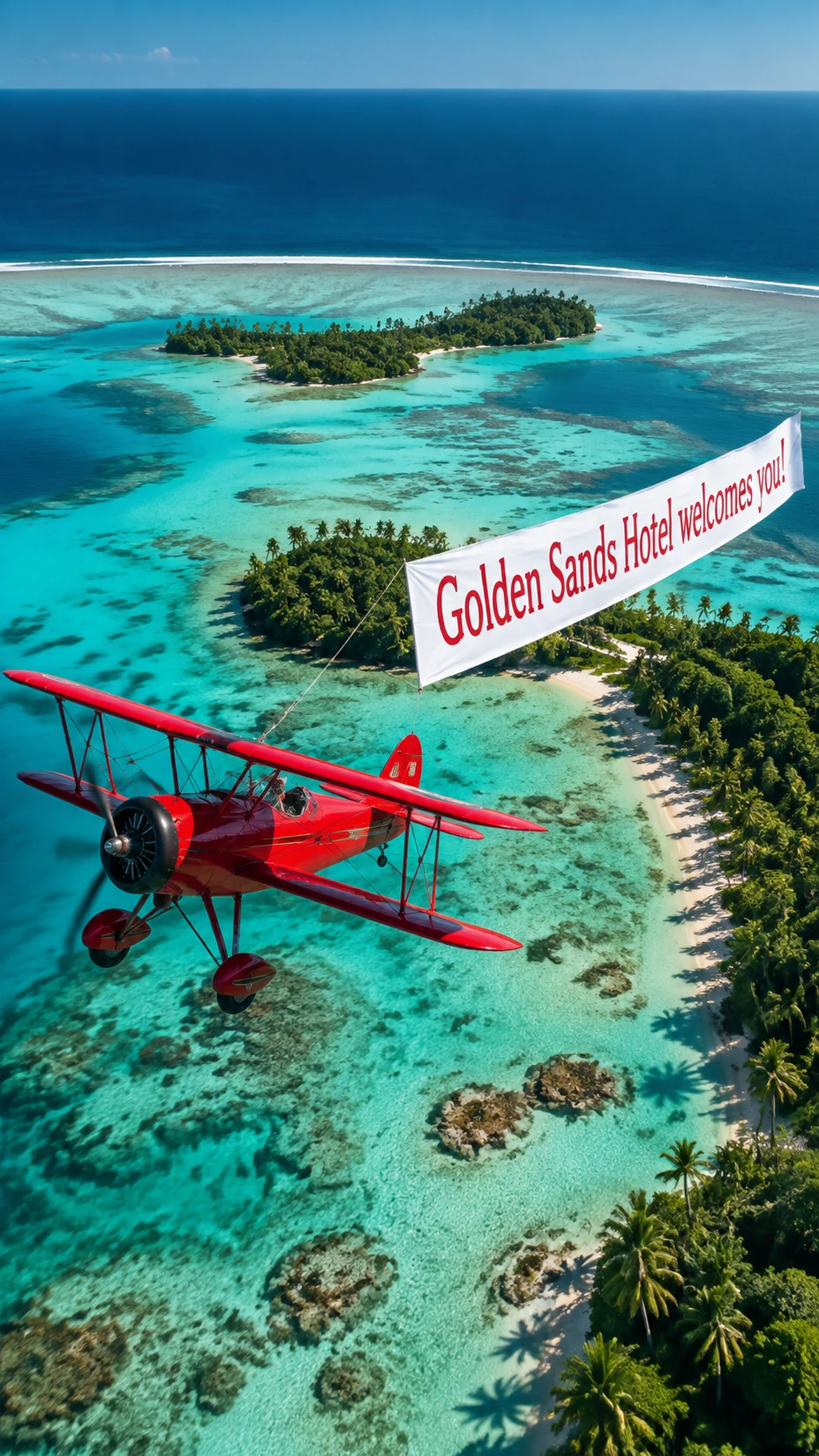 Red vintage biplane flying above turquoise tropical atoll lagoon