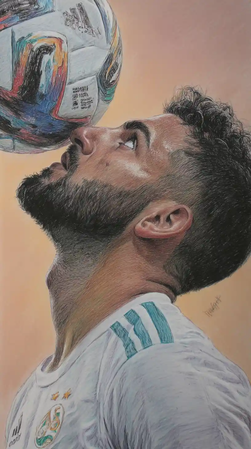 Colored pencil close up of Algerian soccer player balancing ball