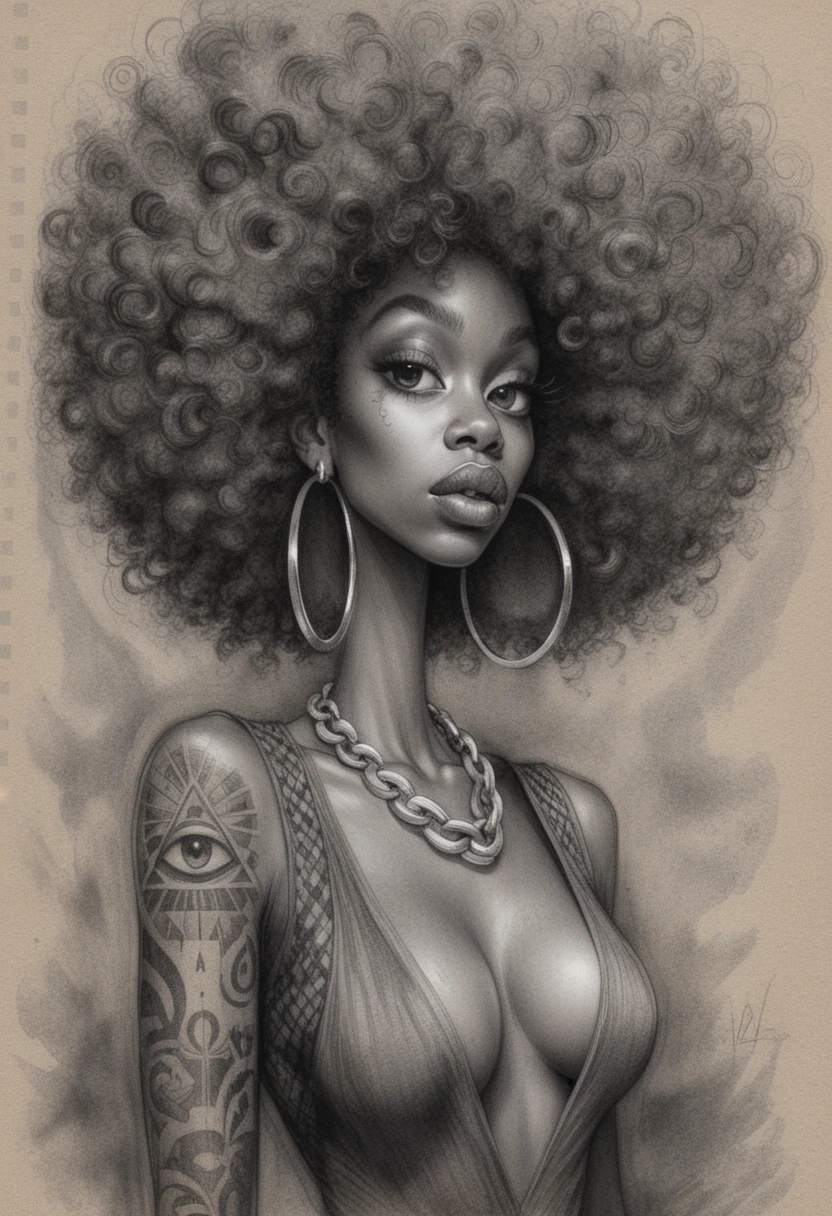 Stylized portrait of a woman with an enormous curly afro