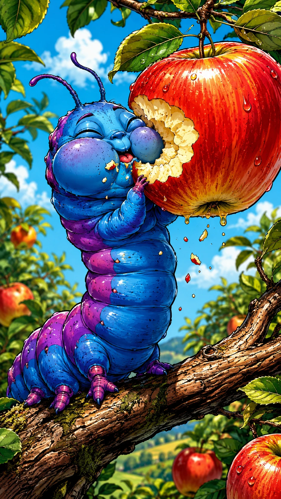 Hungry caterpillar chewing a shiny red yellow apple