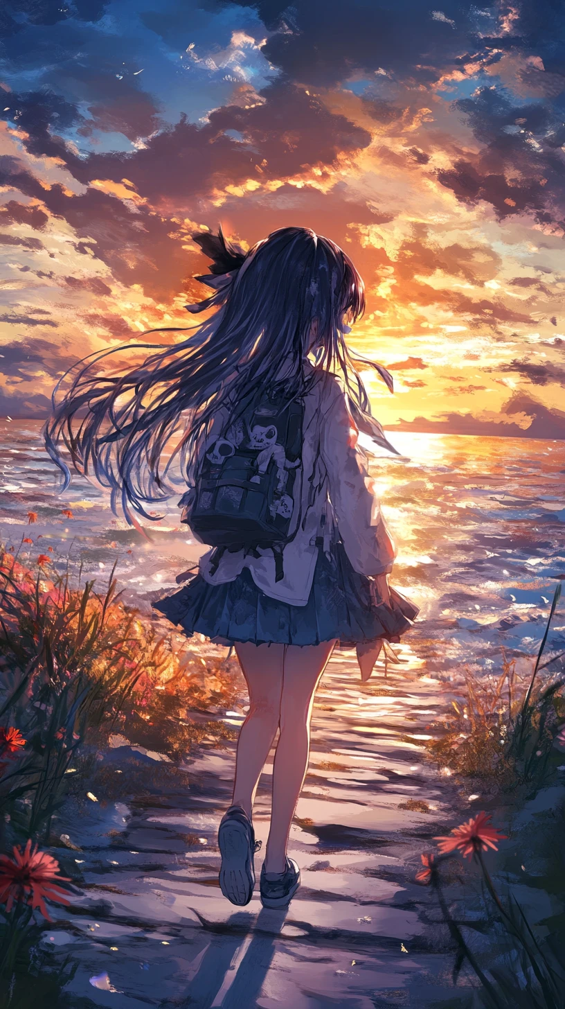 Anime girl walking through a sunset flower meadow