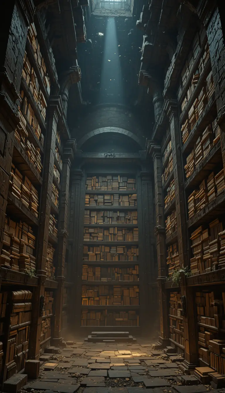 Ancient Egyptian library glowing with mystical torchlit dust