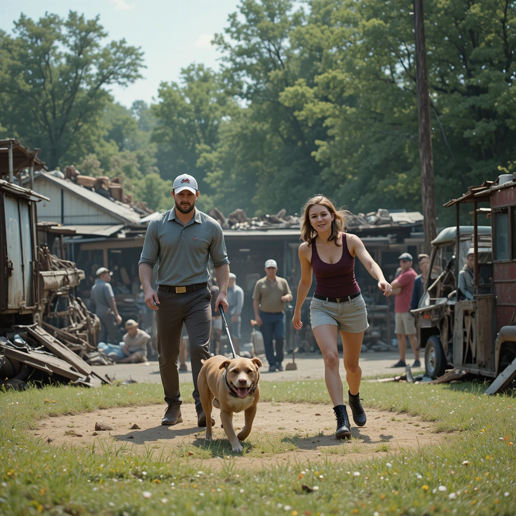 Mixed pairs couple flees chained junkyard dog on city tee