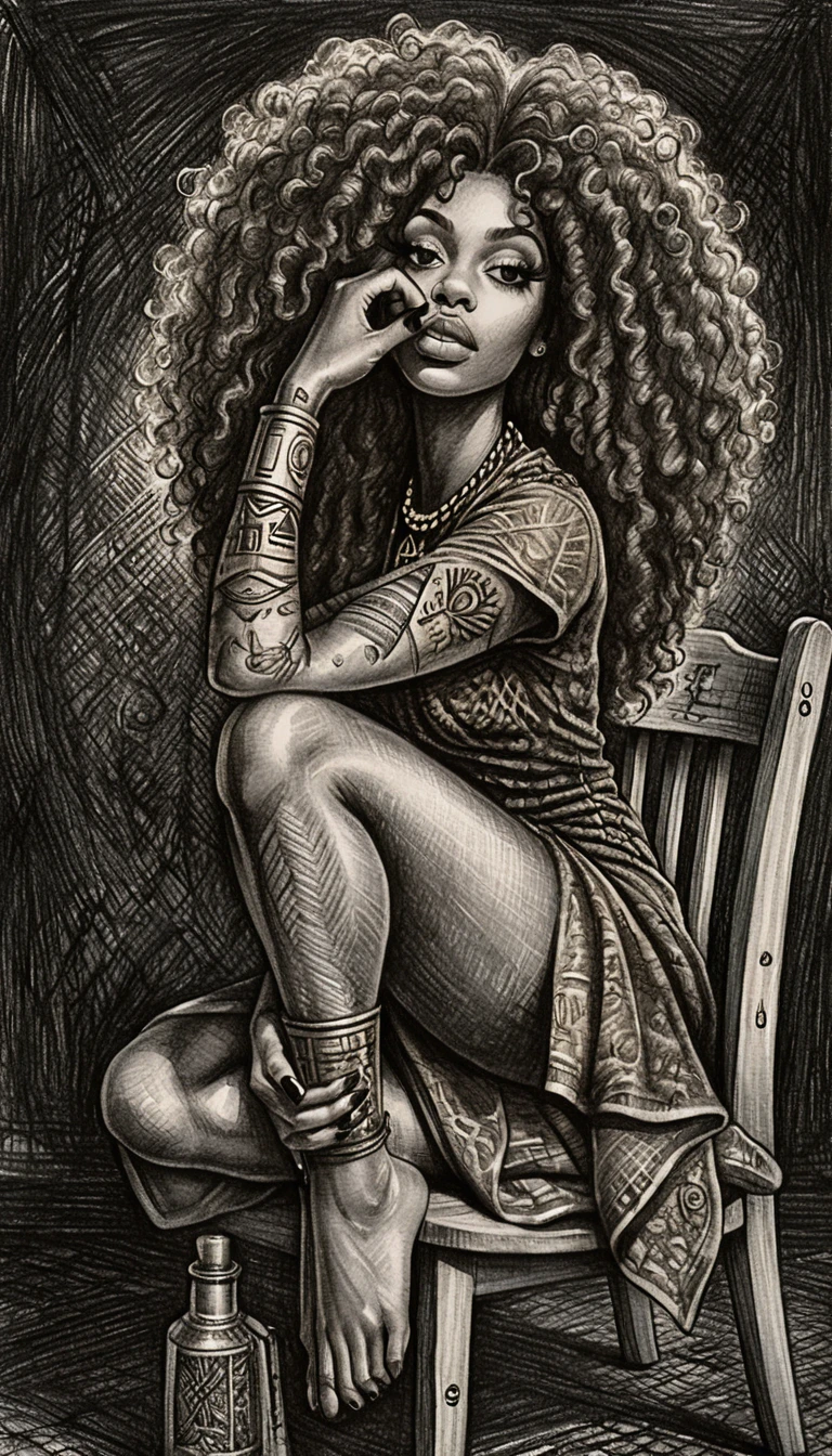 Caricature woman with huge afro and egyptian tattoos