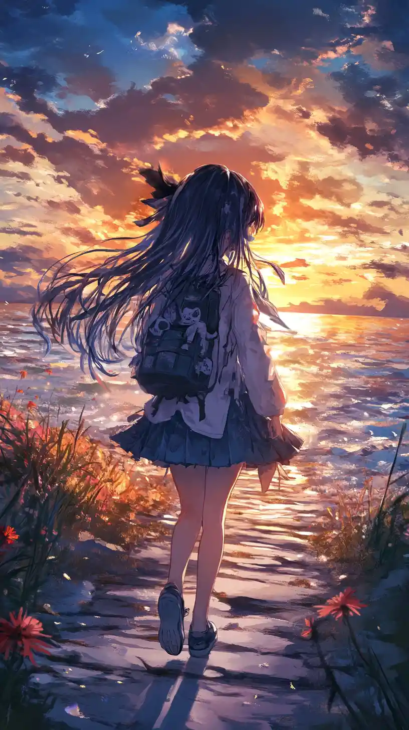 Anime girl walking through a sunset flower meadow