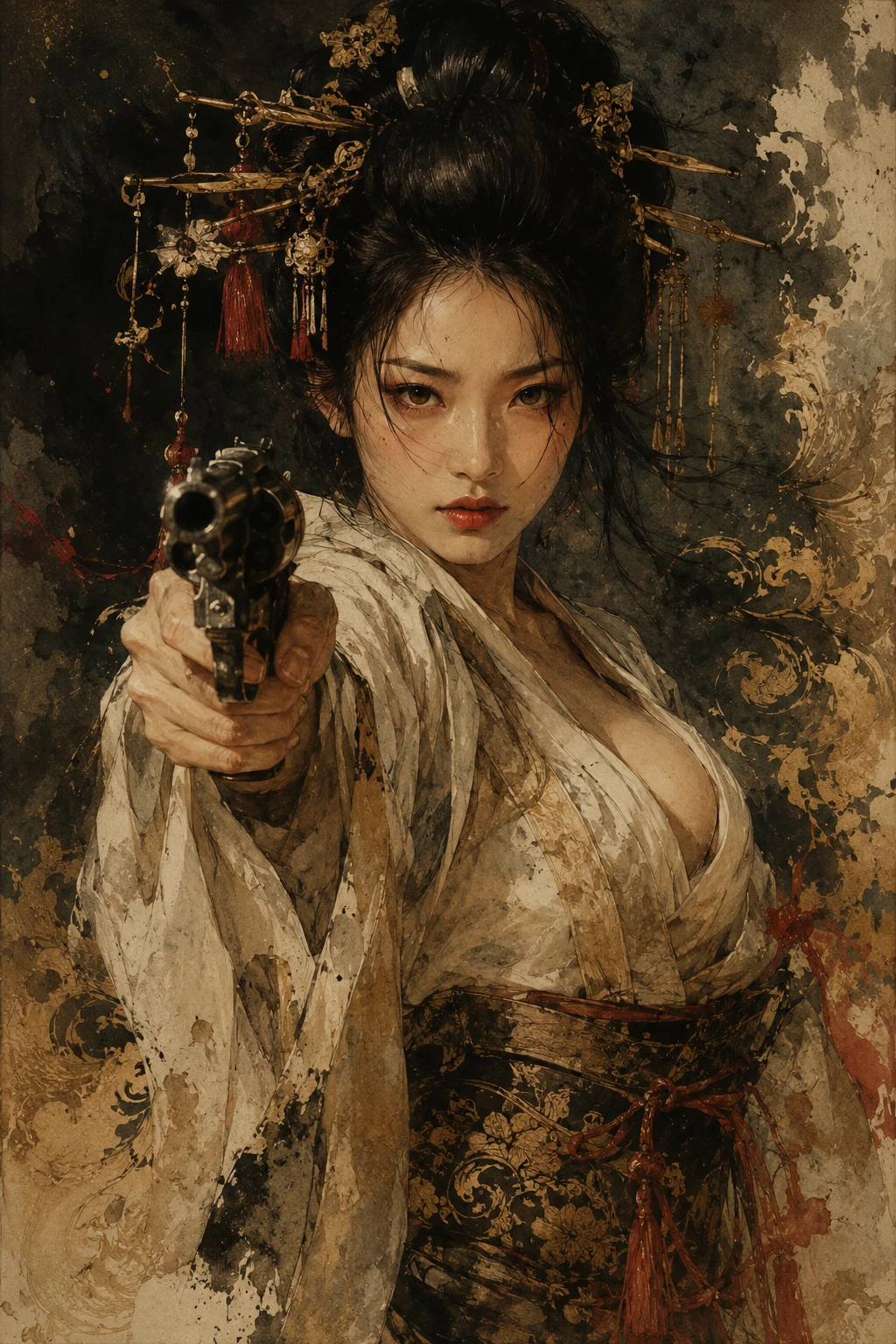East Asian warrior woman with revolver in dark watercolor