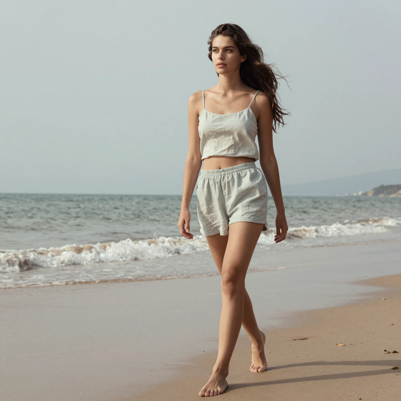 Young woman walking barefoot on a calm sandy beach