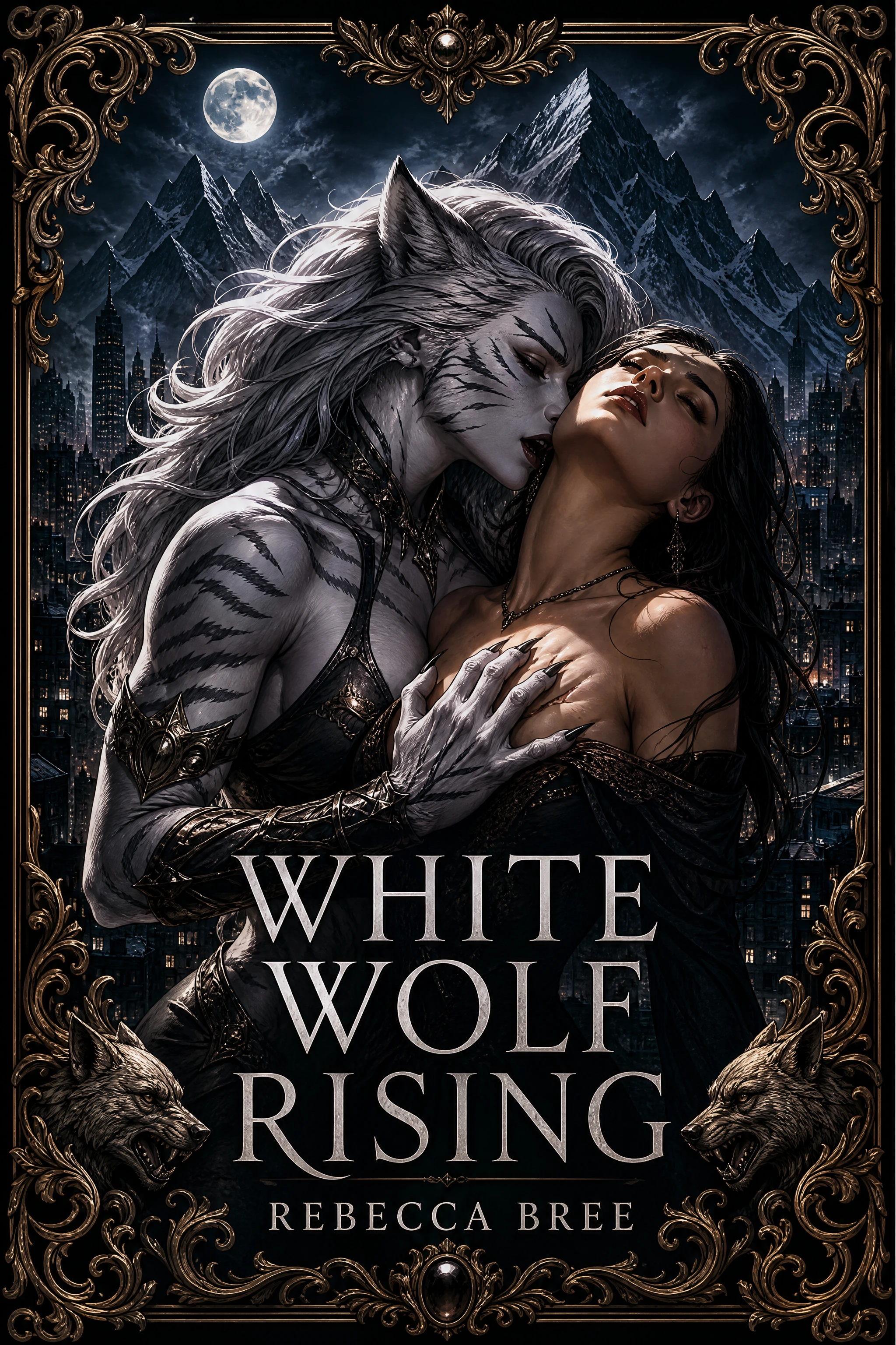 White werewolf heroine kissing a human woman at dusk