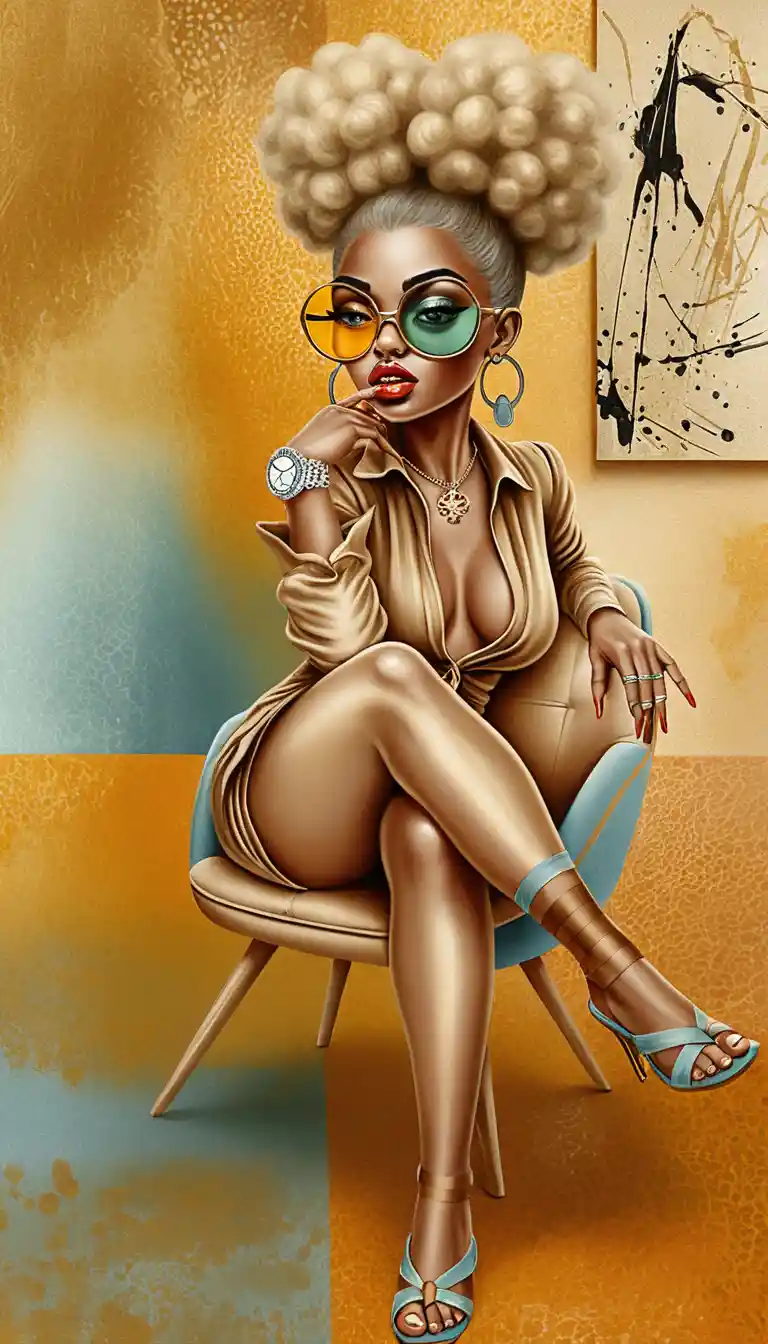 Stylized blonde woman posing in a mid century modern chair