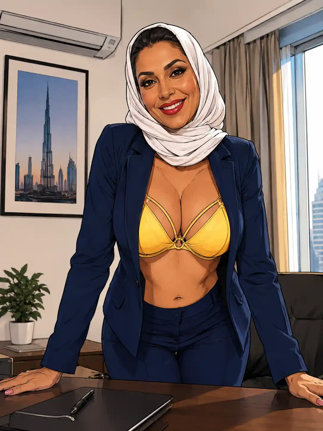 Arab woman in navy office outfit leaning over desk