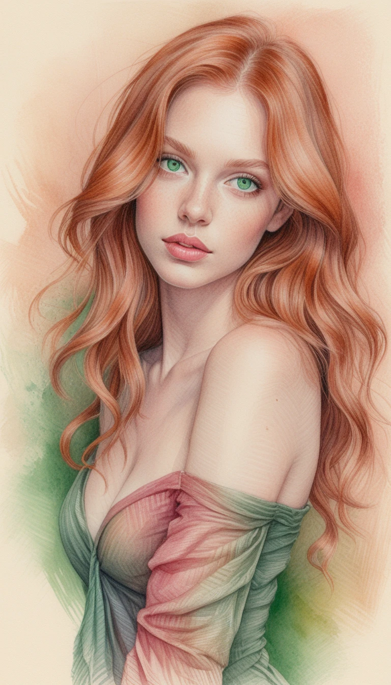 Colored pencil portrait of a woman with emerald green eyes