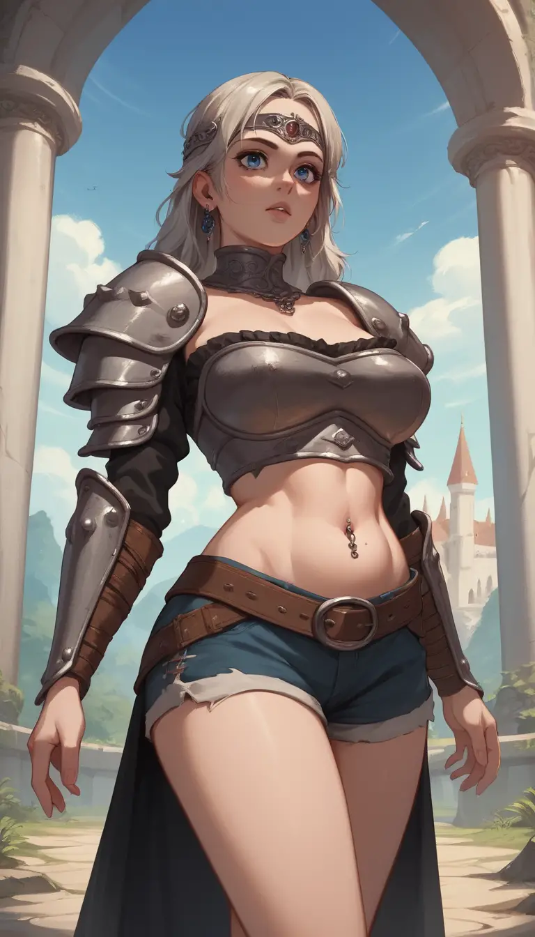 Guerrera voluptuosa de anime en un majestuoso palacio de fantasía