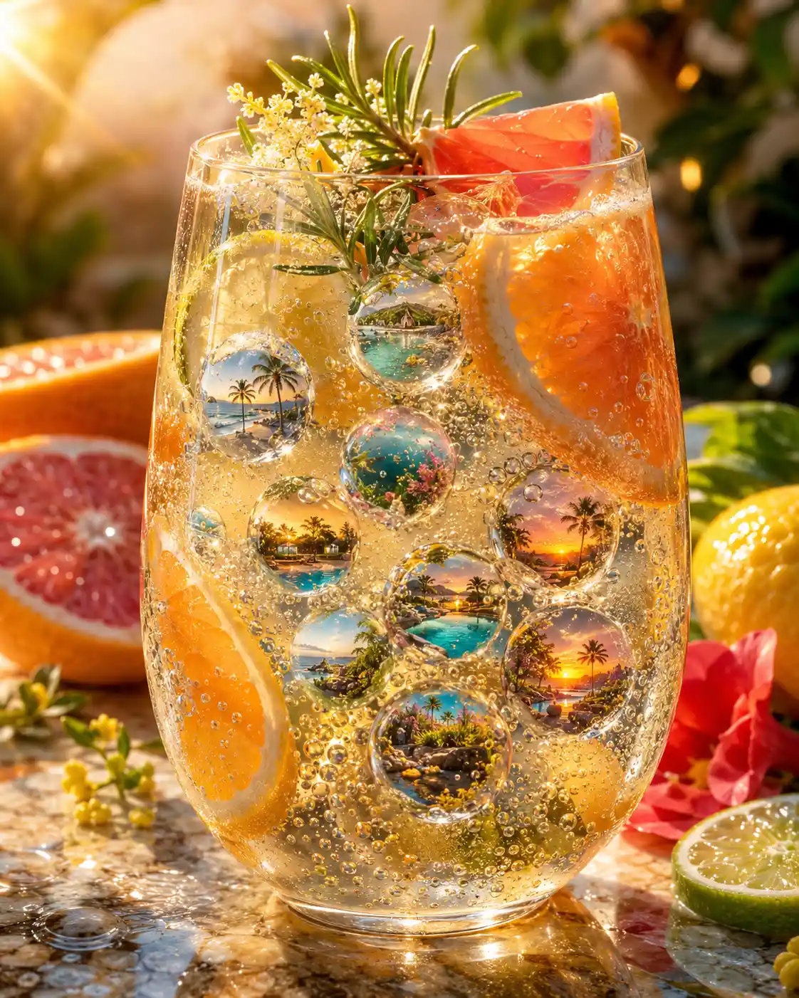 Chilled citrus drink with sparkling summer bubbles and botanicals