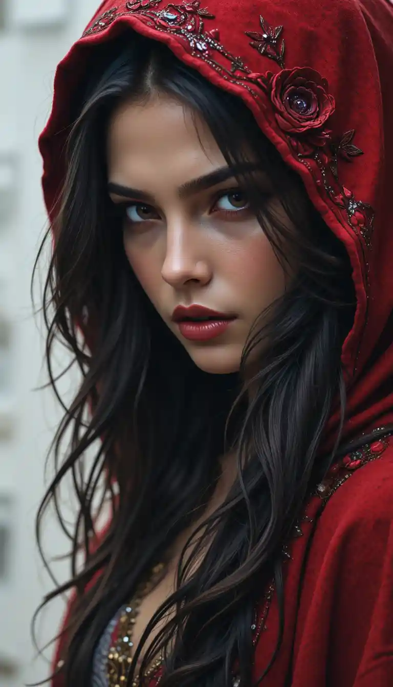 Dark haired woman in red hooded cape close up portrait