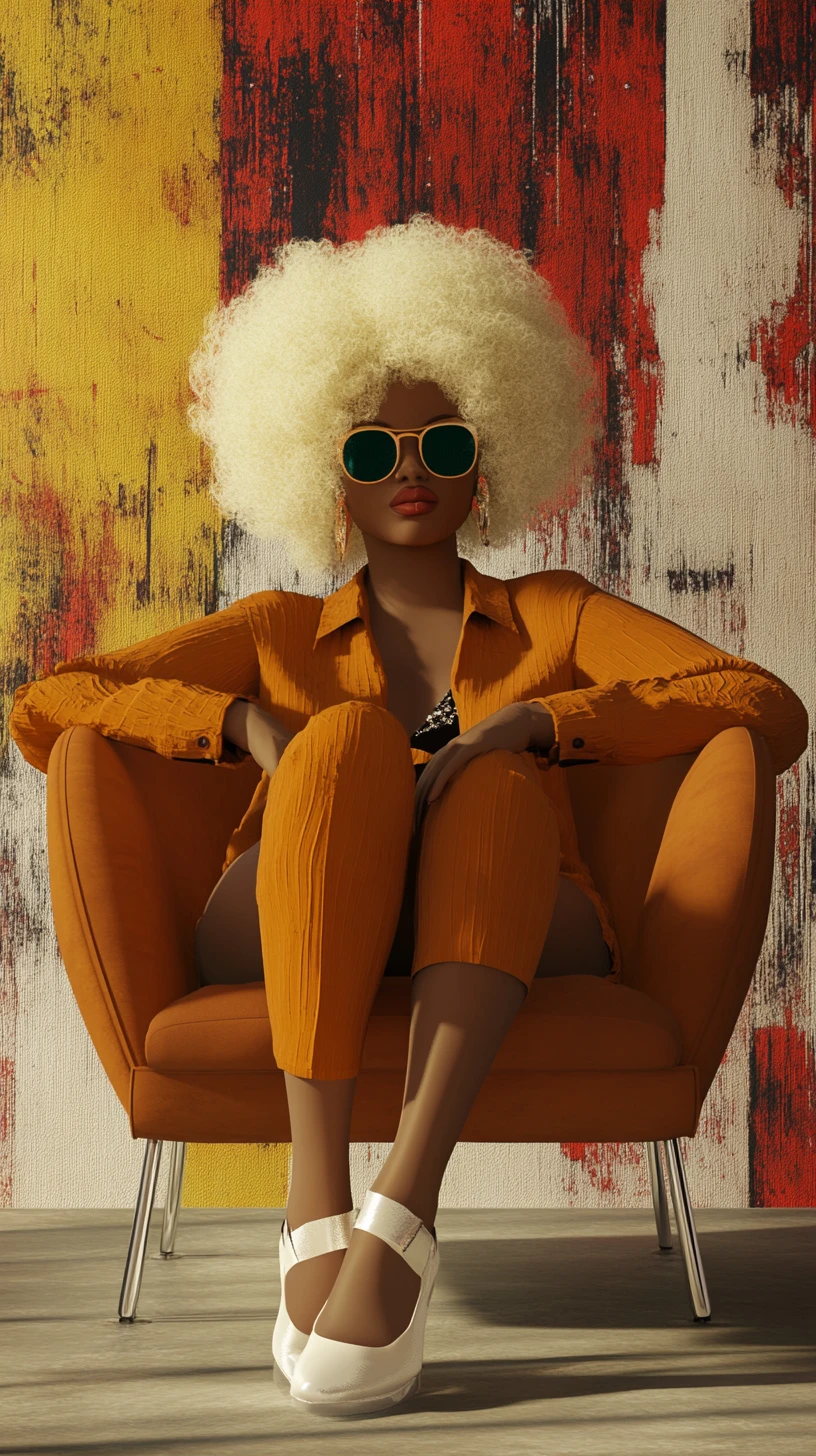 Stylized blonde woman in chair with bold retro fashion