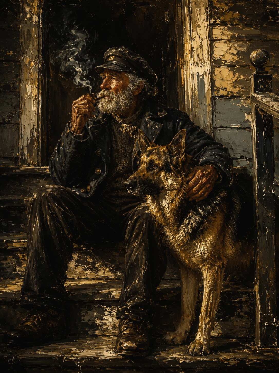 Old sailor on porch steps with loyal german shepherd companion