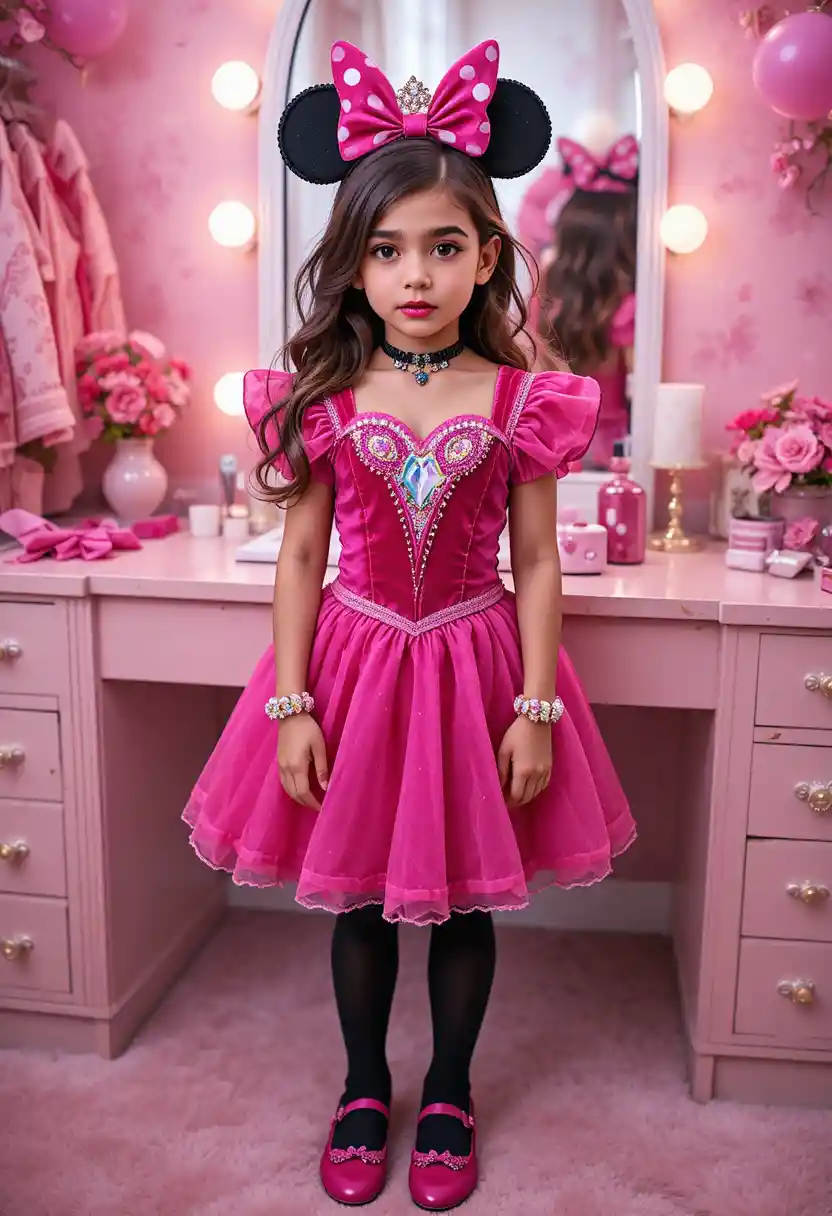Tween boy in princess costume by pink vanity mirror