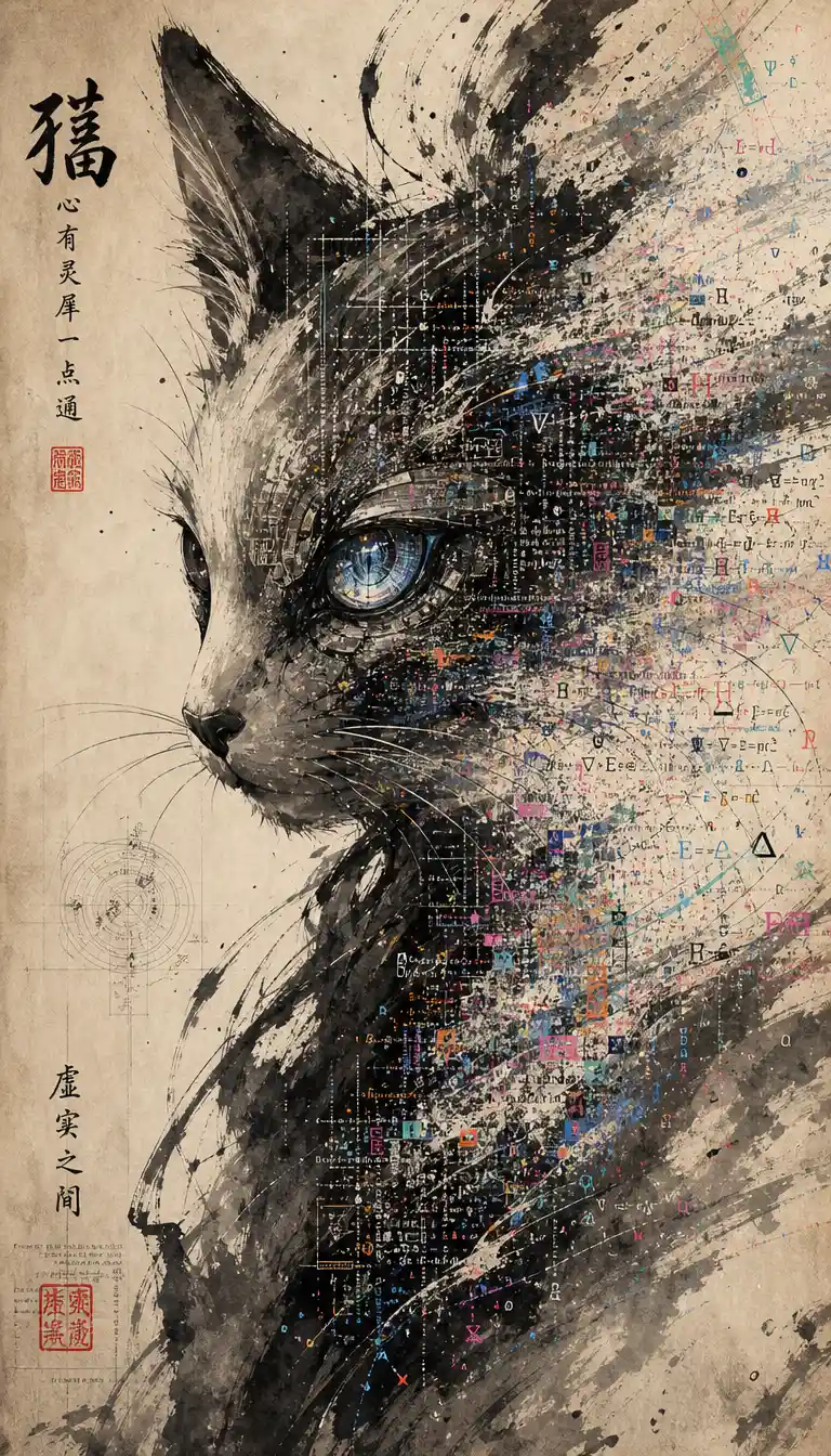 Cyber feline dissolving into flowing sumi e glyph fragments