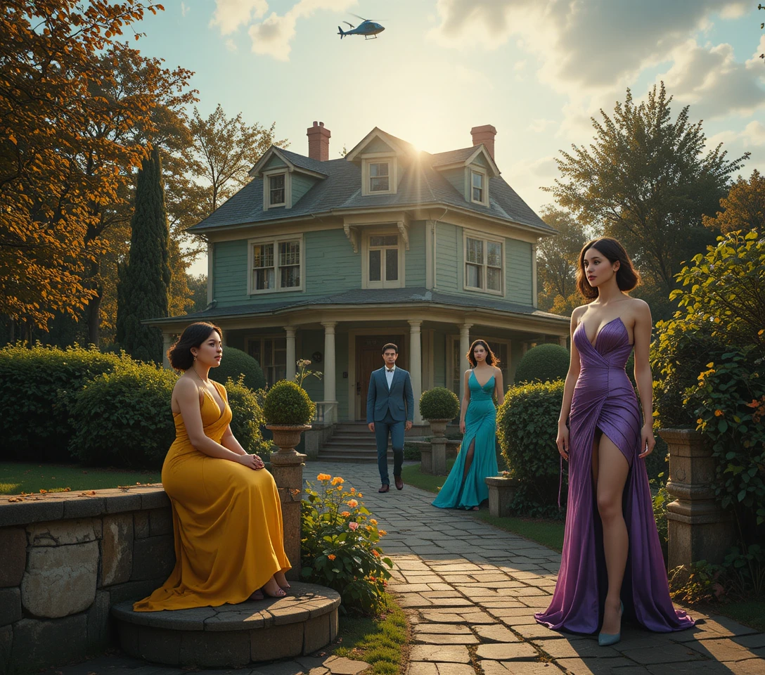 Young woman in yellow dress outside a green shingle house