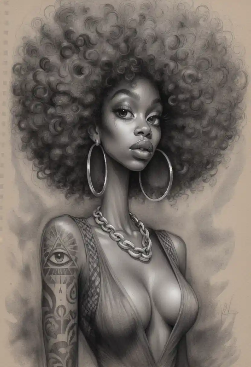 Stylized portrait of a woman with an enormous curly afro