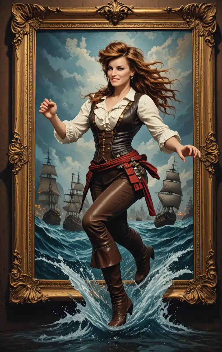 Heroic female pirate leaping from a gilded picture frame