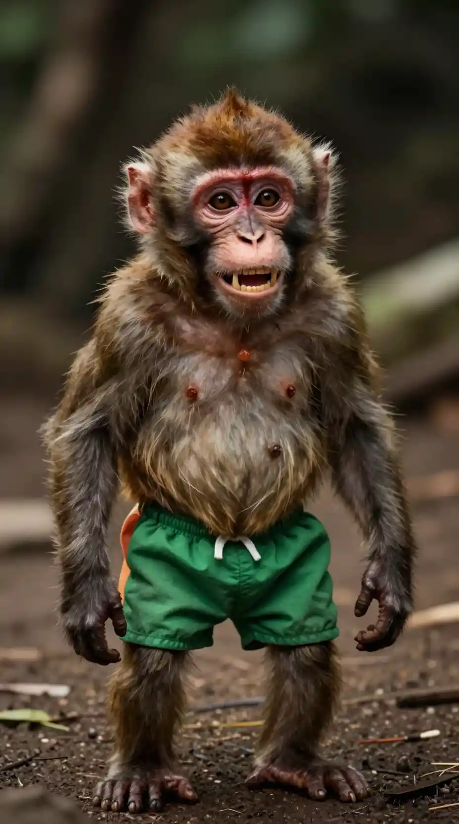 Skinny baby monkey with swollen belly and green shorts