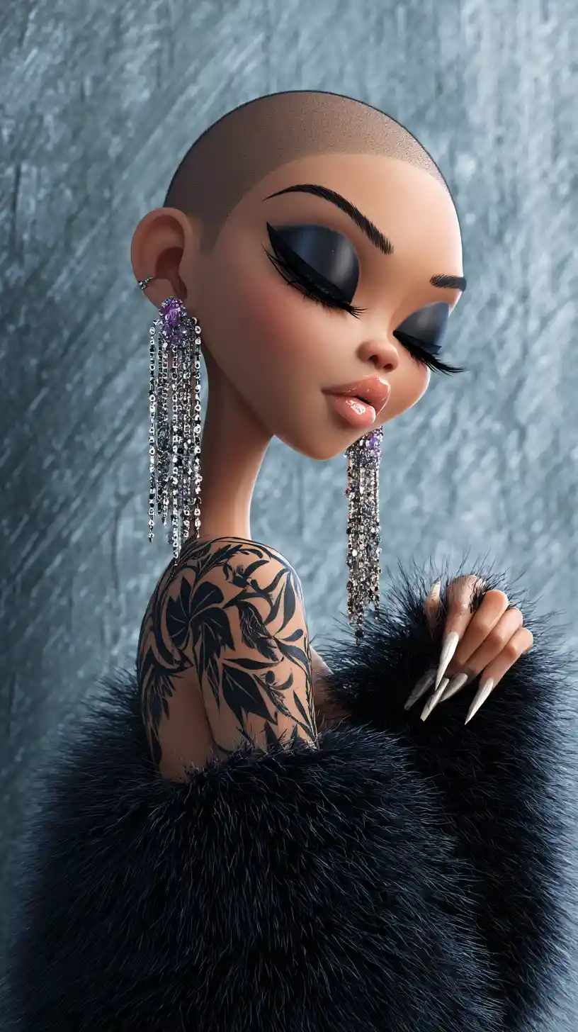Glamorous 3D portrait of a bald woman with bold makeup