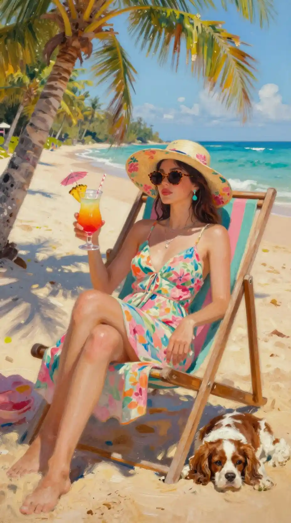 Woman lounging on beach chair with tropical cocktail