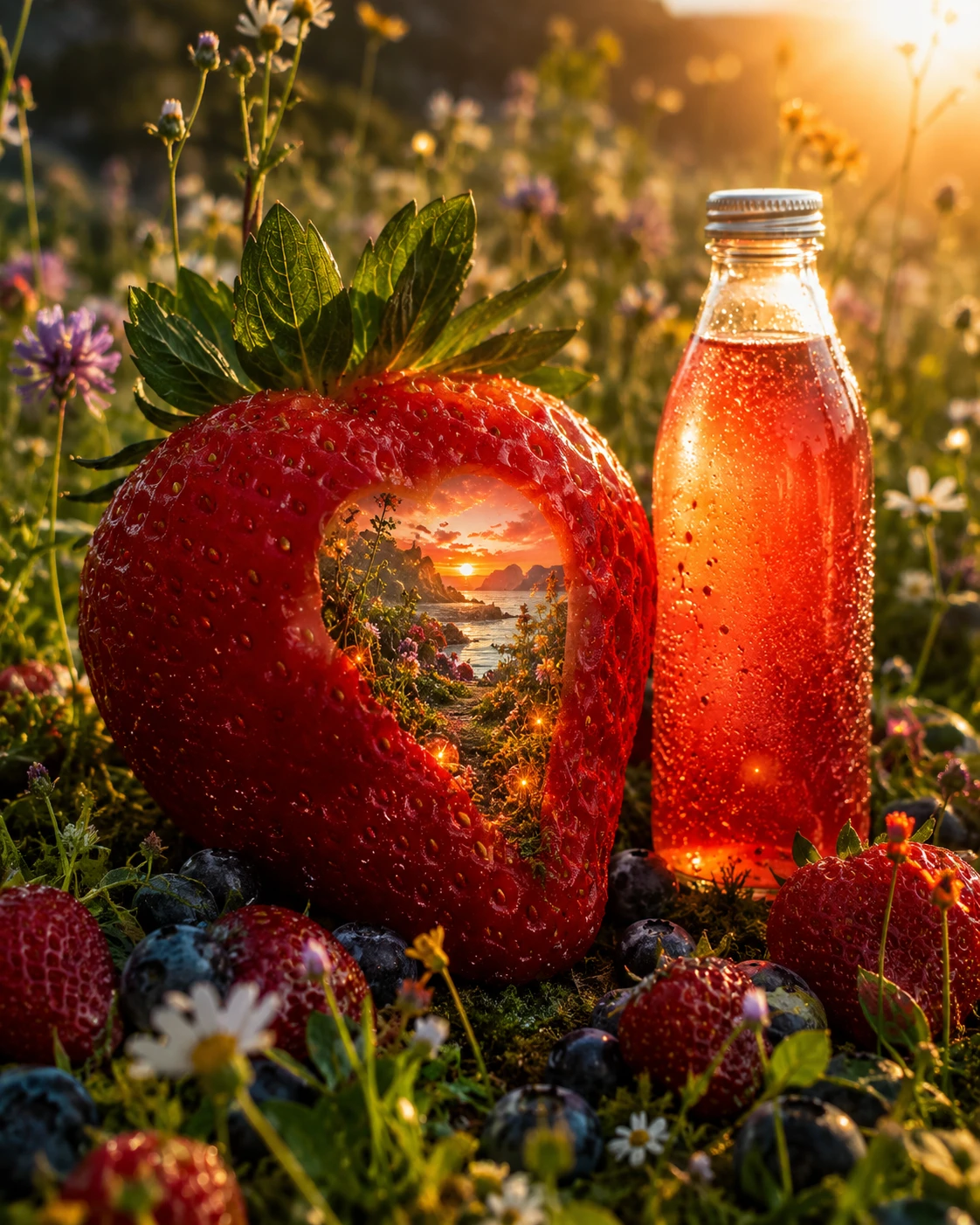 Giant ripe strawberry and drink bottle in sunny meadow