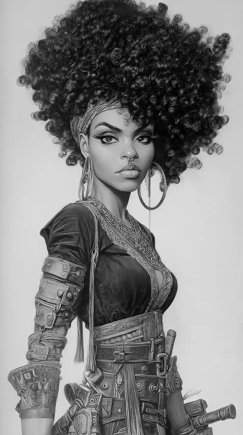 Ritratto a carboncino di una guerriera con enorme afro