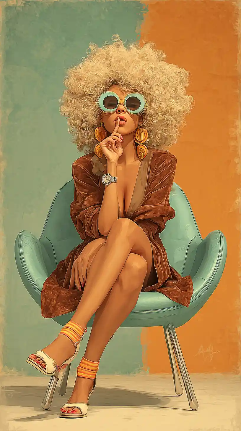 Stylized blonde woman in chair with bold pop art fashion