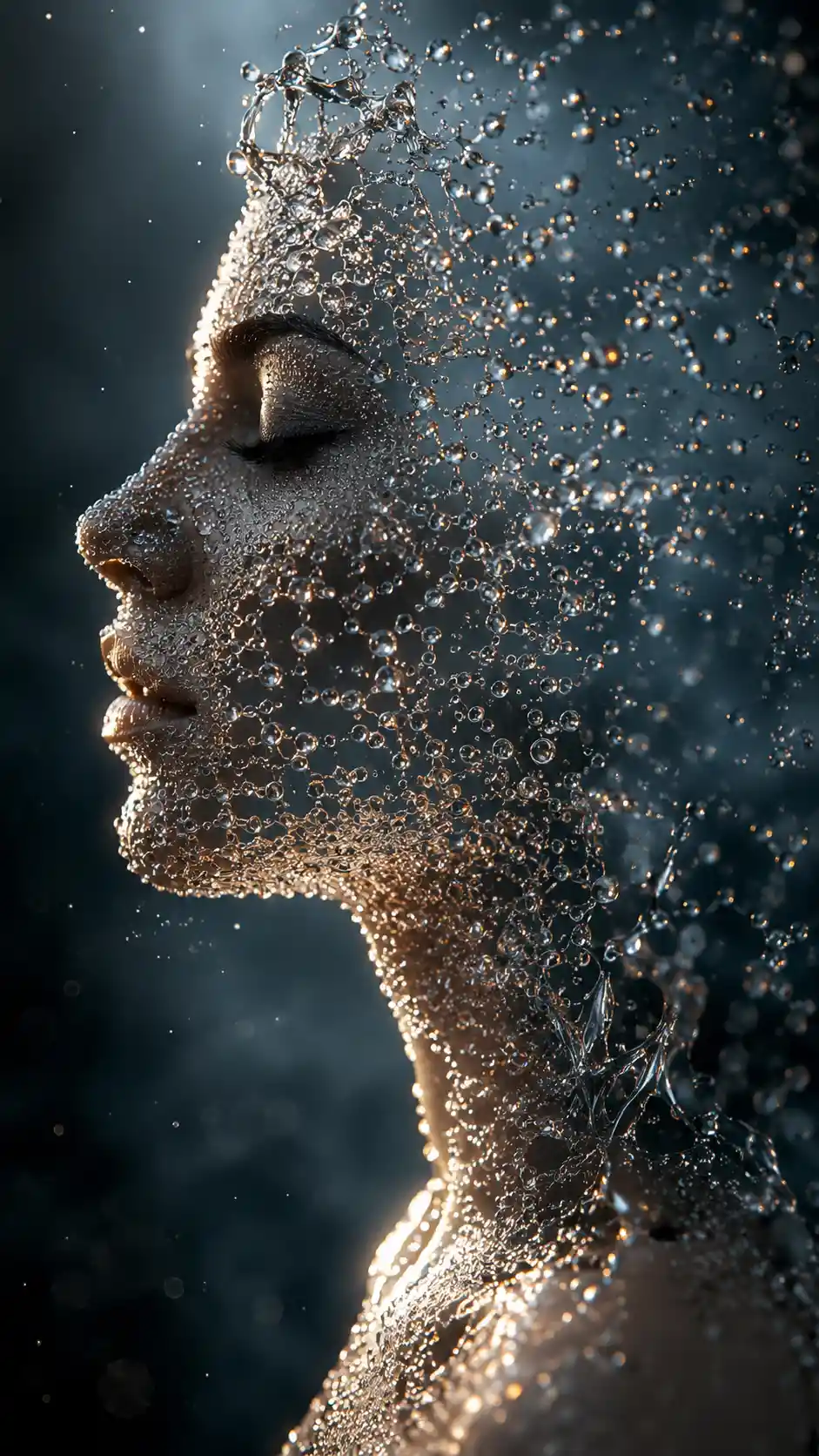 Surreales Wassertröpfchen-Profil einer Frau, das sich in der Dunkelheit auflöst