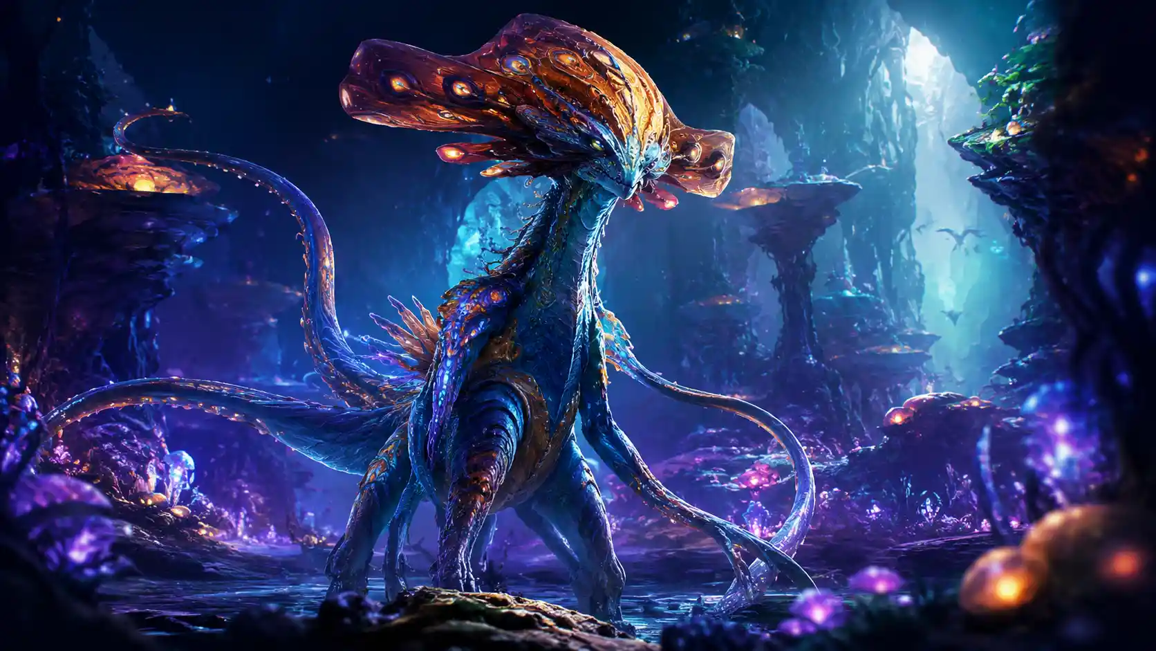 Bioluminescent Alien Creature In A Fantastic Otherworldly Landscape