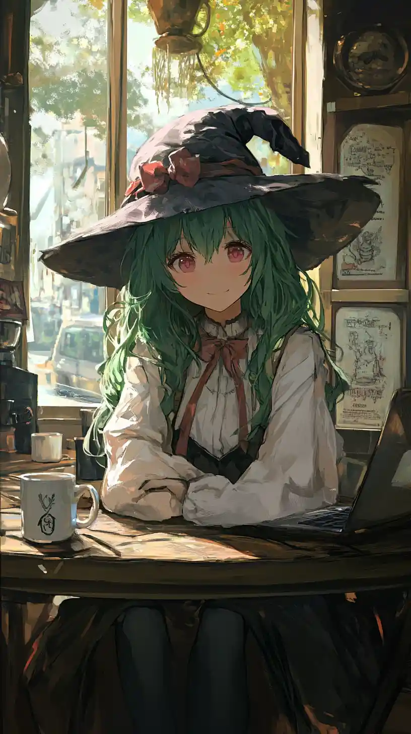 Anime girl in cozy outfit with dark green hair