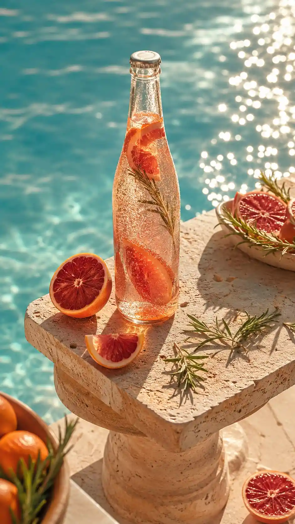 Sparkling citrus tonic bottle by a sunlit pool