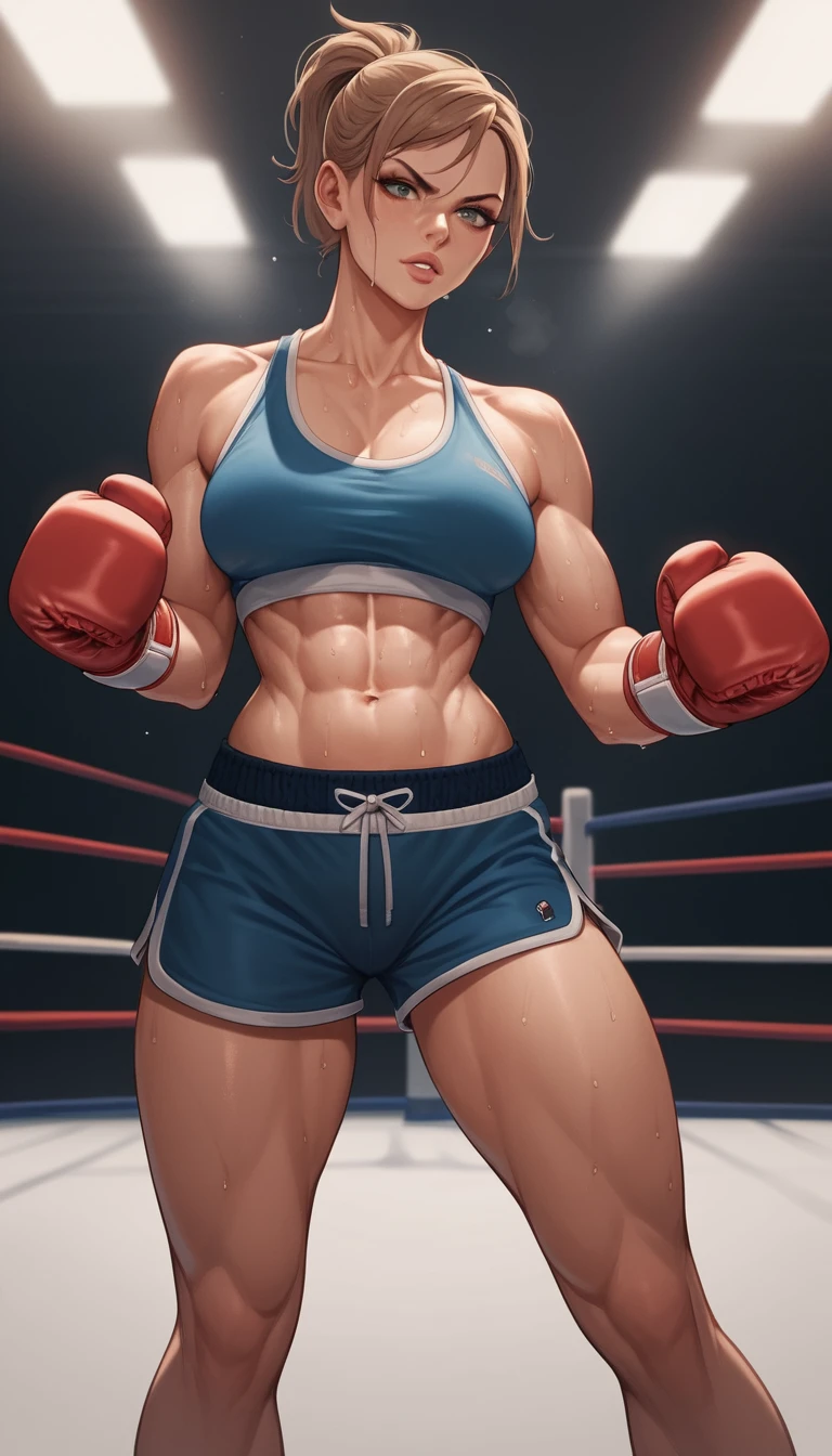 Confident female boxer in shorts and gloves after training